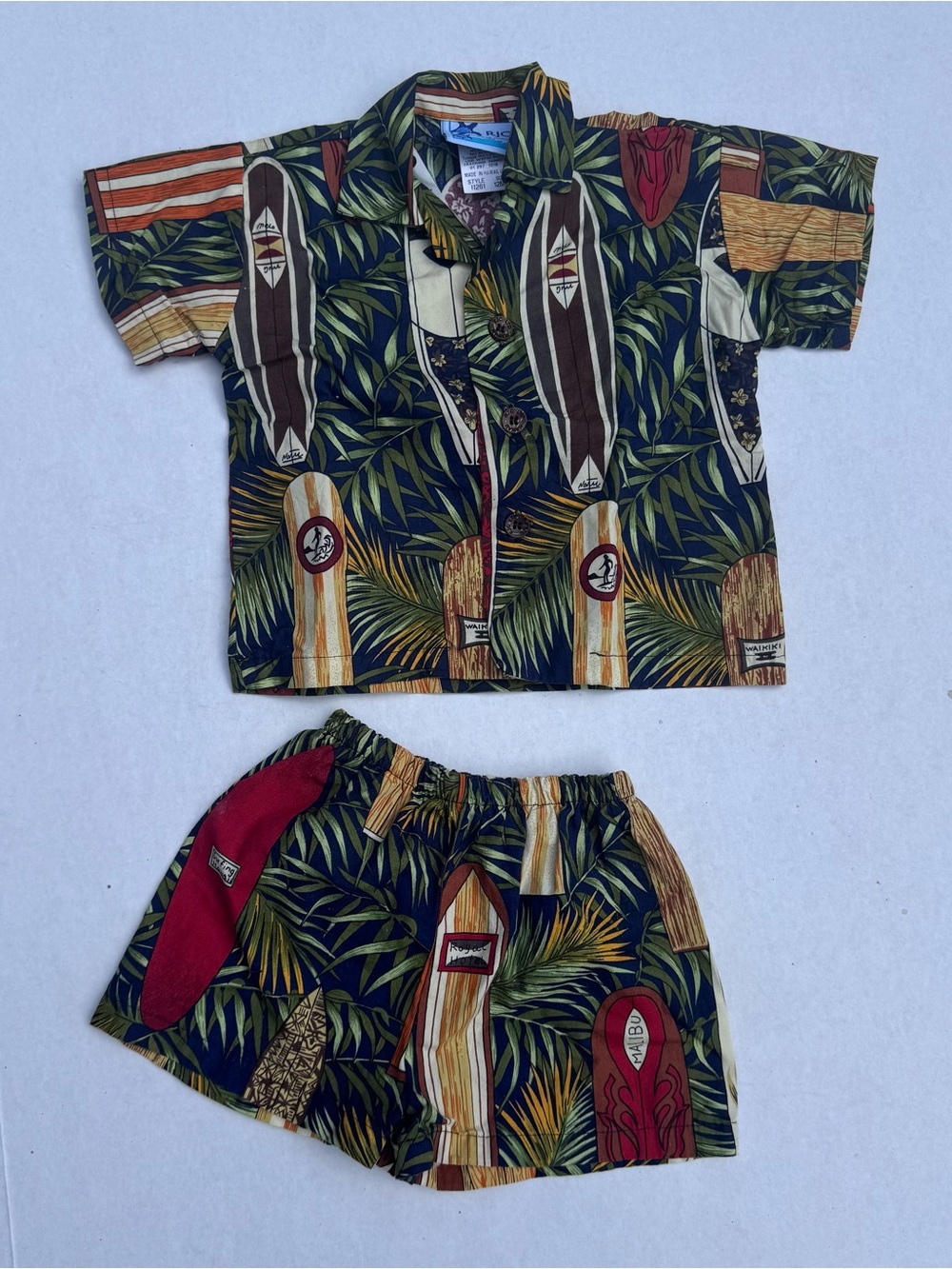 Vintage RJC Hawaii 2Pc Surfboard Hawaiian Shirt Shorts Set Boys 12M Tropical